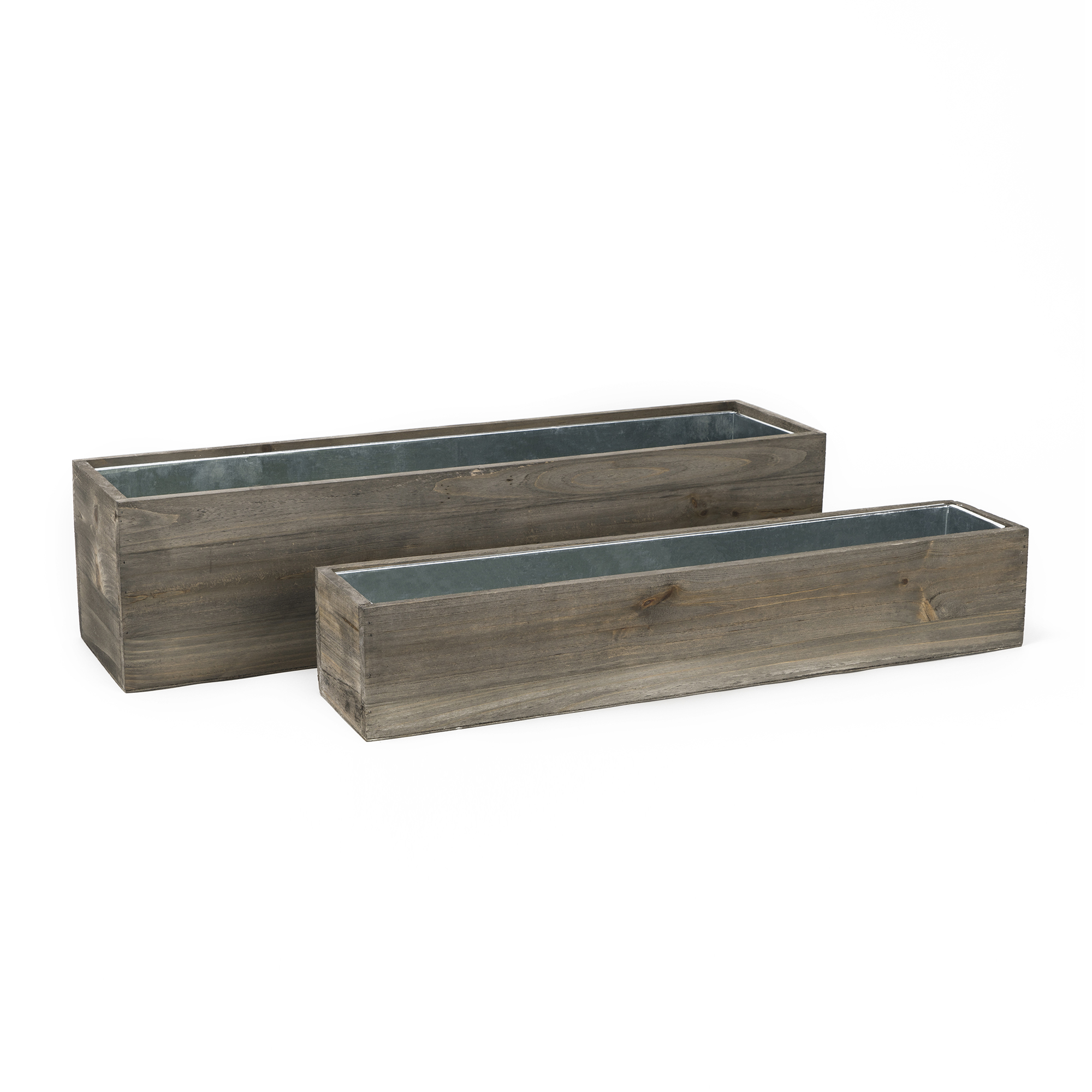 Wood Rectangle Planter Box w/ Zinc Liner Natural H-6", H-4", Set of 2