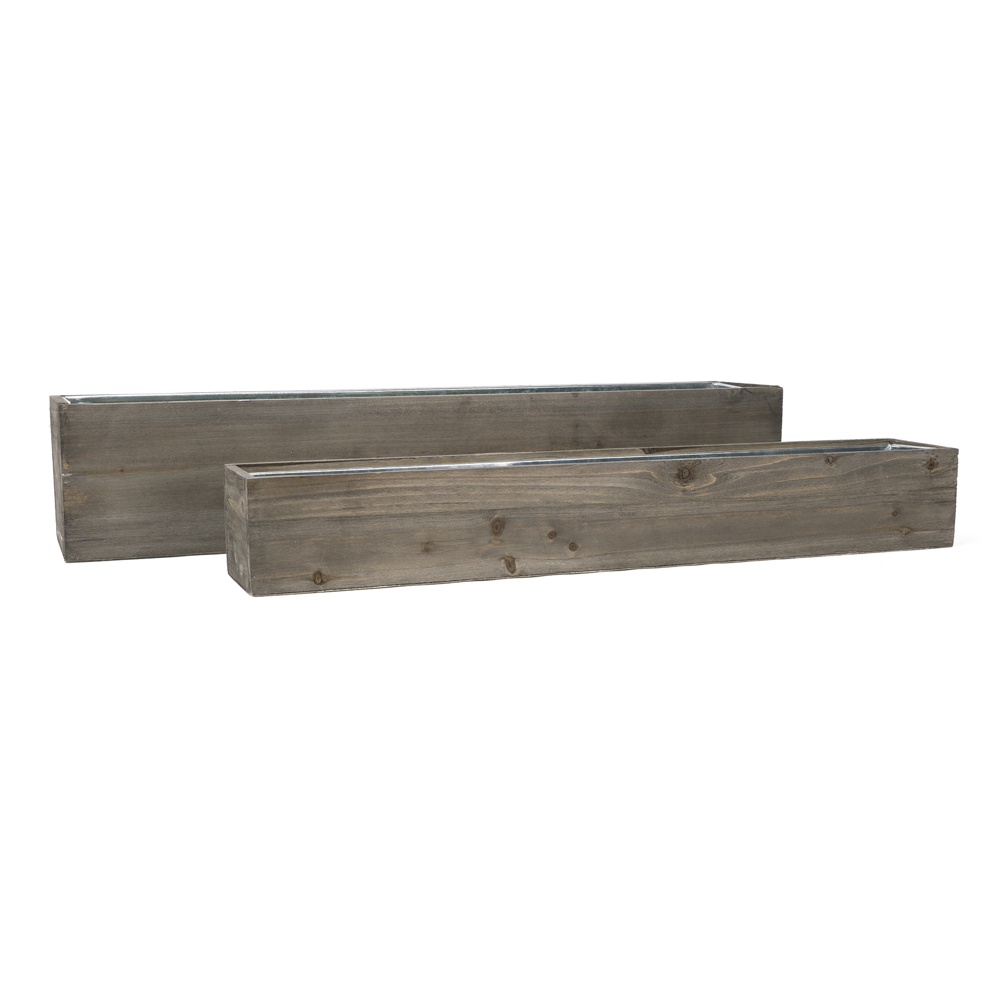 Wood Rectangle Planter Box w/ Zinc Liner Natural H-6", H-4", Set of 2