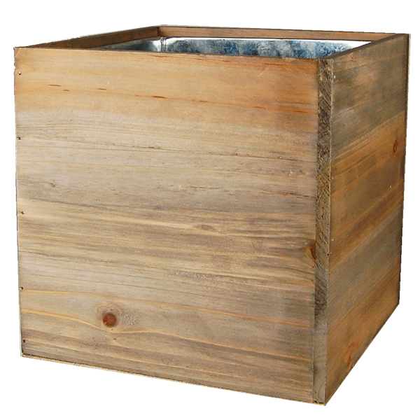 Wood Cube Planter Box with Zinc Liner Natural. H-8",Pack of 8 pcs
