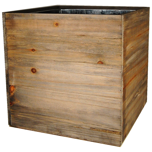 Wood Cube Planter Box with Zinc Liner Natural. H-12",Pack of 2 pcs