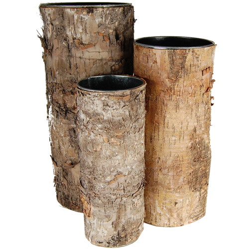 Zinc Cylinder Vase with Birch Wood Wrap. H-14", 12", 10",Pack of 6 sets