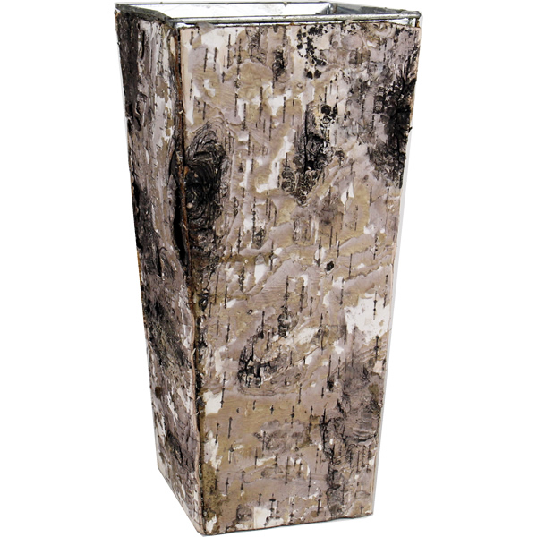 Zinc Square Vase with Birch Wood Wrap. H-10",Pack of 12 pcs