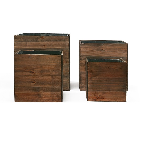 Wood Planter Cube Boxes with Zinc Liner Set of 4. H-12", 10", 8", 6"