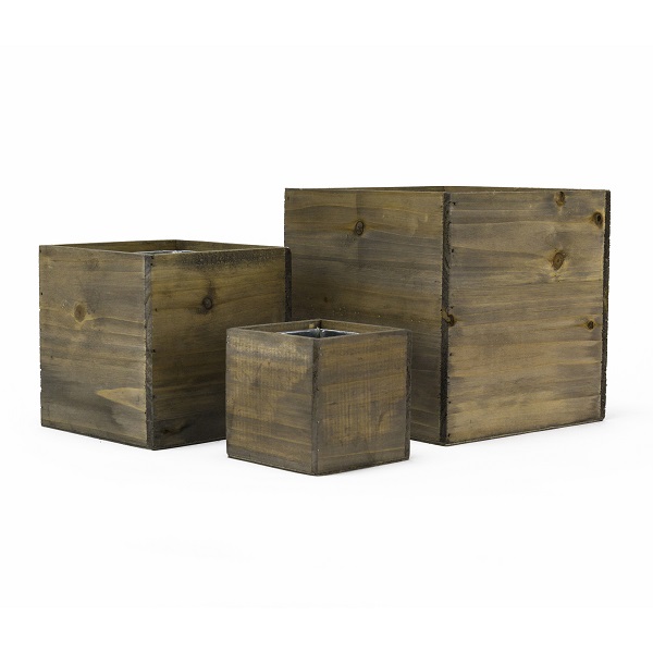 Wood Planter Cube Boxes with Zinc Liner Set of 3. H-16", 14", 12"
