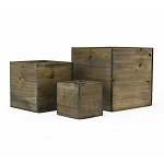 Wood Planter Cube Boxes with Zinc Liner Set of 3. H-16", 14", 12"